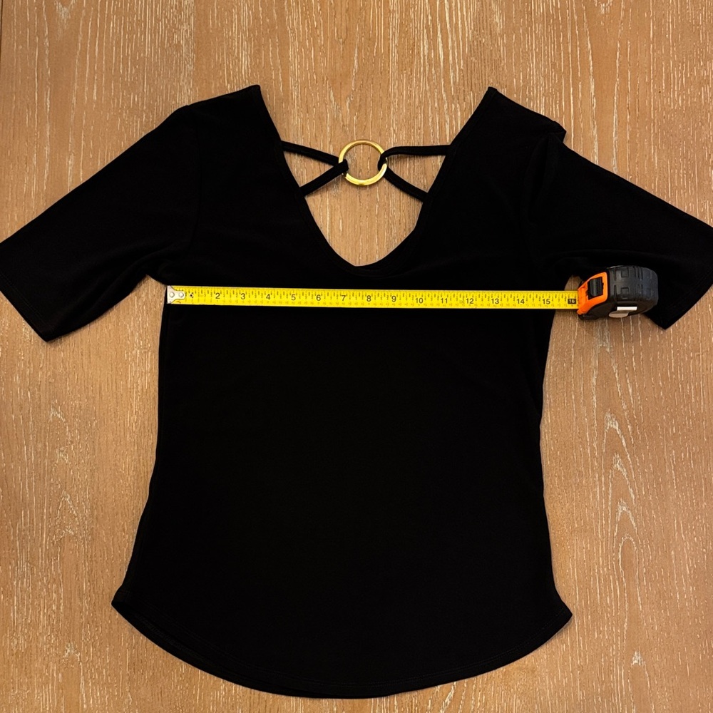 Black Short Sleeve Tee with Gold Ring Back Accent, V neck